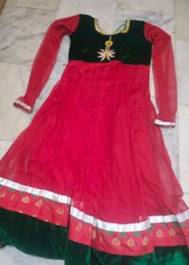 Red &amp; Green Embellished Anarkali Dress