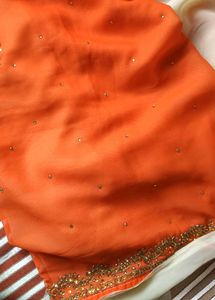 Cream And Orange Designer Chiffon Saree