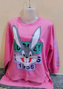 Korean Style Baggy Rabit Print Cute Pink Hoodie