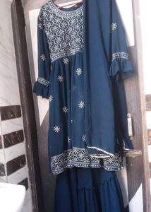 Blue Short Anarkali Suit With Sharara Pant 🪔