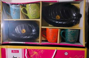 Multi Colour Tea Cup Set 4 Piece Two Black Tray
