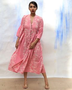 Pink Handprinted Front Open Pure Cottton Dress