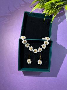 White Floral Necklace And Earrings
