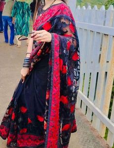 Red &amp; Black Saree with Sheer Details