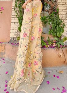 Yellow Organza Embroidered Dress/Saree MATERIAL