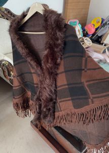 Brown Plaid Faux Fur Shawl