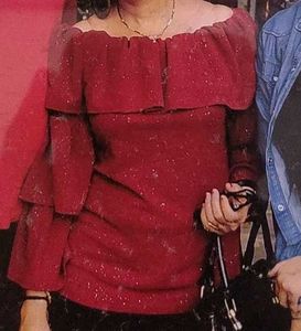 Shimmer Off-Shoulder Ruffle Sleeve Top