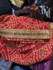 Red Bandhani Sari with Gold Border
