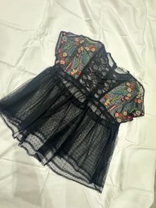 Black Net Floral Embroidered Top