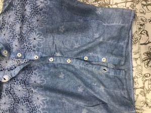 Crop Blue Floral Embroidered Shirt Off Shoulder