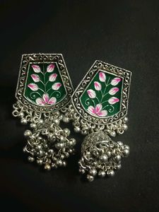 Meenakari Silver Oxidised Jhumka Earrings