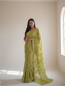 Elegant Green Sequin Saree with readymade blouse