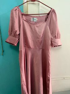 Pink Satin Puff Sleeve Dress