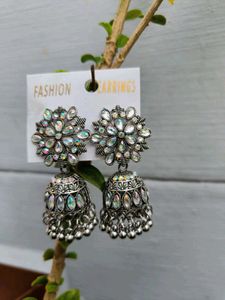 Silver Jhumka Earrings with Rhinestones