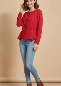 Red Peplum Button-Down Top