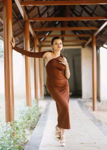 Brown One Shoulder Cut Out Dress