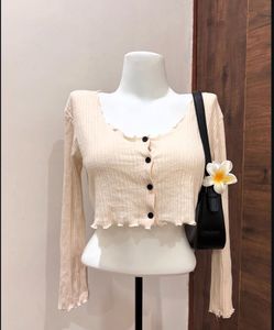 Cream Ribbed Cropped Cardigan