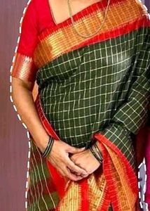 Red Green &amp; Gold Checkered Saree