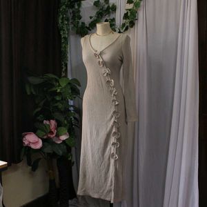 Ribbed Knit Maxi Dress with Bow Detail