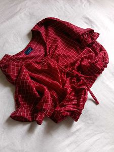 Cherry Red Checkered Drawstring Crop Top