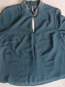 Teal Blouse with Crochet Collar