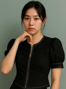 Black Zip-Front Puff Sleeve Top