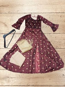 Burgundy Polka Dot Design Embroidery Dress