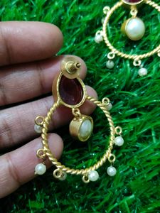 Brass Earrings With Red Stone And Beads