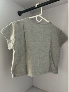 Gray Graphic Tee with Embellished Neck