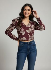 SASSAFRAS Floral Print Long Sleeve Crop Top