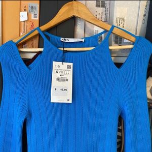 Zara Pointelle Blue Stretch Cold Shoulder Bodycon
