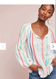 Anthropologie Embroidered Tassel Blouse