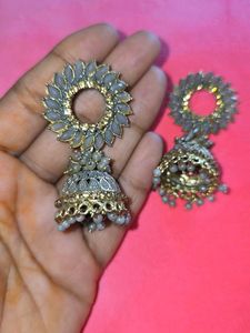 Grey Jhumki With Golden Touch