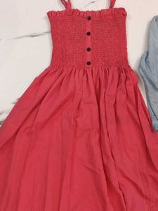 Coral Dress &amp; Denim Jacket Set