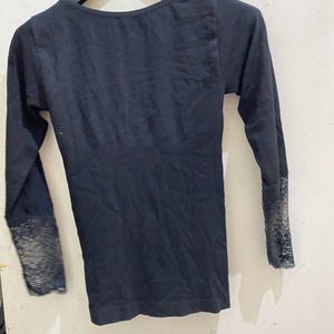 Ribbed Fabric Black Y2K Lace Work Top