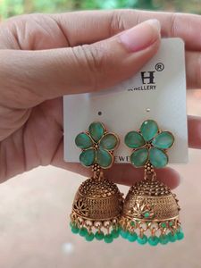 Ethnic Teal Jhumka Earrings with Floral Design