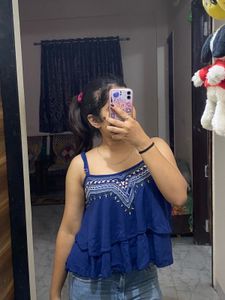 blue embroidered half sleeves flared top