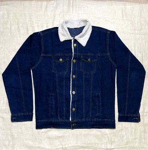Denim Jacket with Sherpa Fur Collar Navy Blue