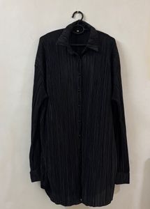 Black Pleated Button-Down Shirt