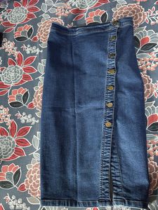 Midi Denim Skirt With Front Button