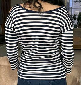 Navy &amp; White Striped Cold Shoulder Top