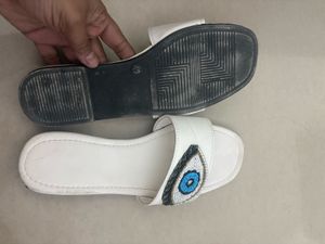 White 'Evil Eye' Embellished Slides