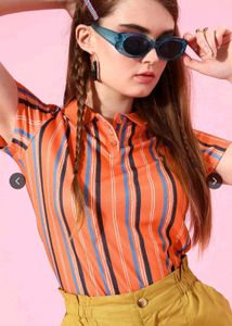 Dressberry Women Orange Striped Collar Tshirt