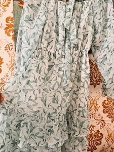 Floral Green Leaf Printed Western Dress