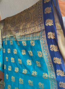 Teal &amp; Navy Peacock Saree With Blouse.