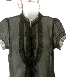 Black Semi Sheer Button Up Ruffle Top