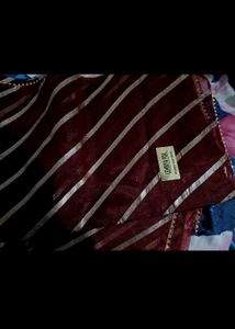 New  Maroon Striped saree with attached blouse pie