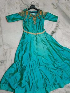 Teal Embellished Cold Shoulder Anarkali Dress