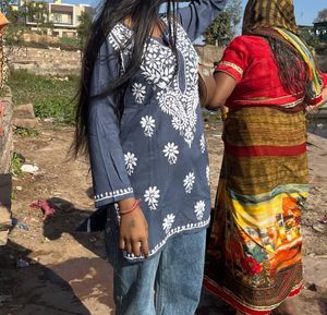 Real chickenkari Blue Embroidered Kurti Top