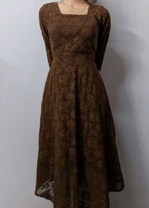 Brown Rose Pattern Mid Dress